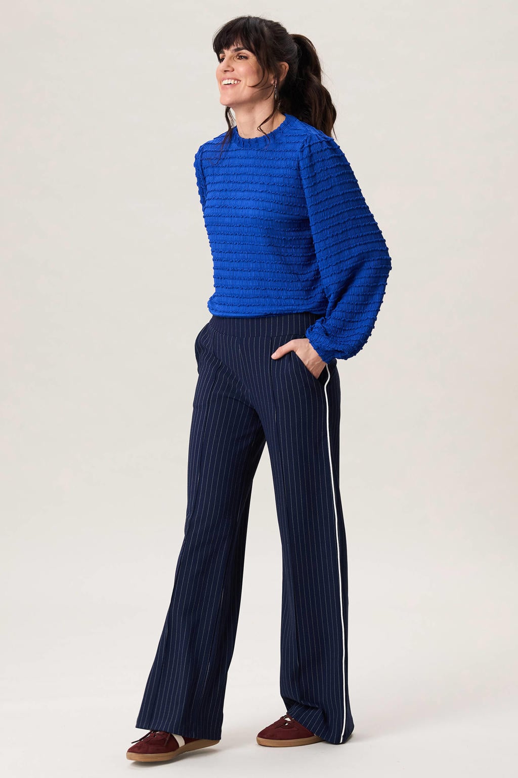 Blauwe dames Miss Etam top van polyester met effen, lange mouwen en textuur