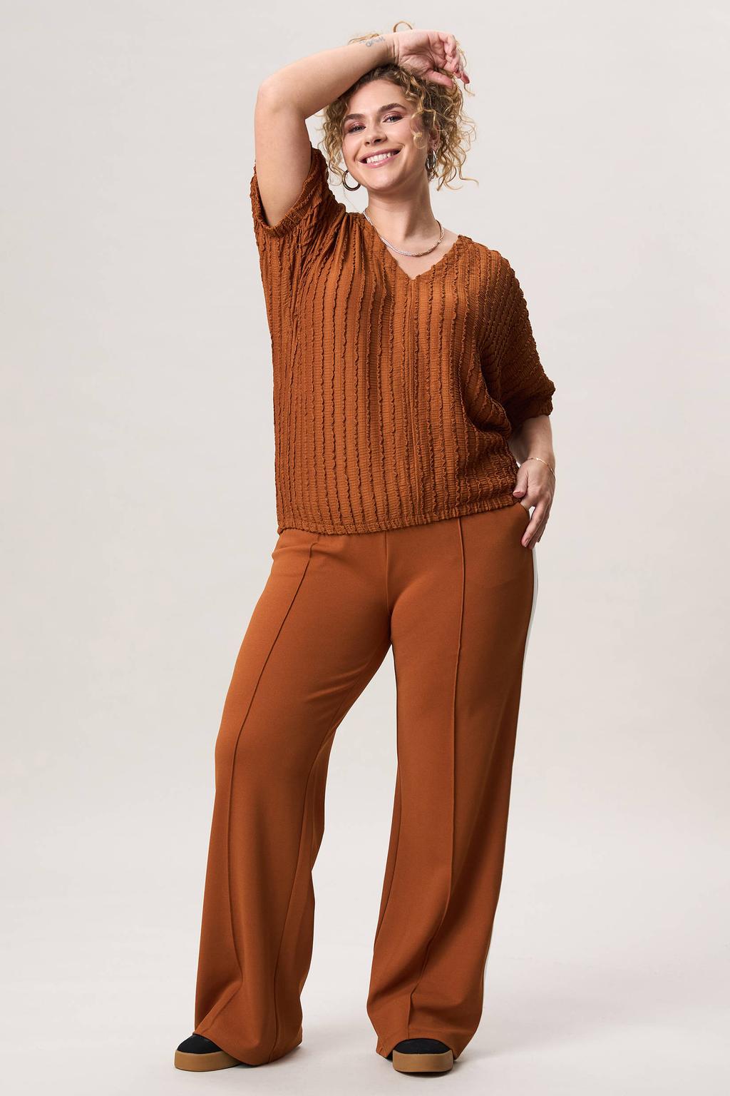 Bruine dames Miss Etam Plus top van polyester met effen, korte mouwen en textuur