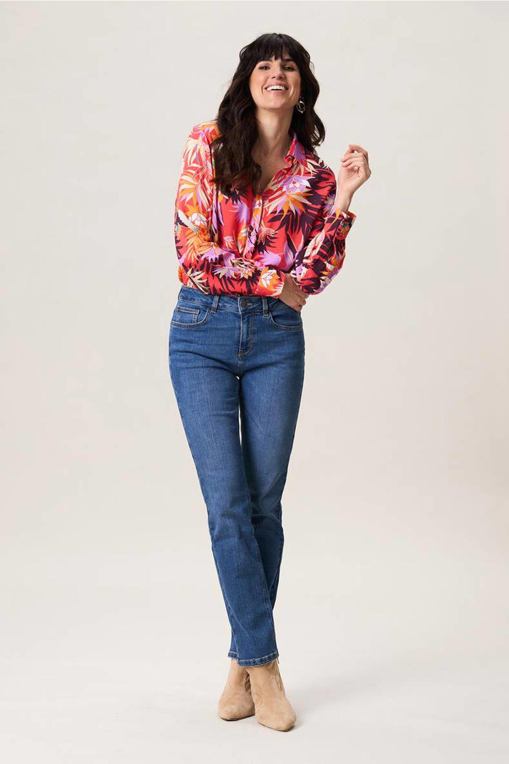 Rood en roze dames Miss Etam blouse van viscose met lange mouwen, klassieke kraag en knoopsluiting