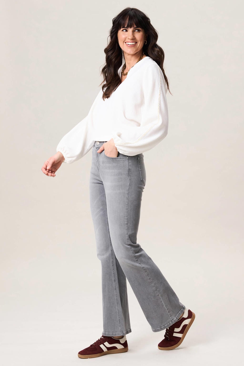 Ecru dames Miss Etam top van polyester met effen, lange mouwen, V-hals en contrast stiksels