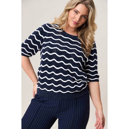 Miss Etam Plus gestreepte gebreide trui donkerblauw afbeelding