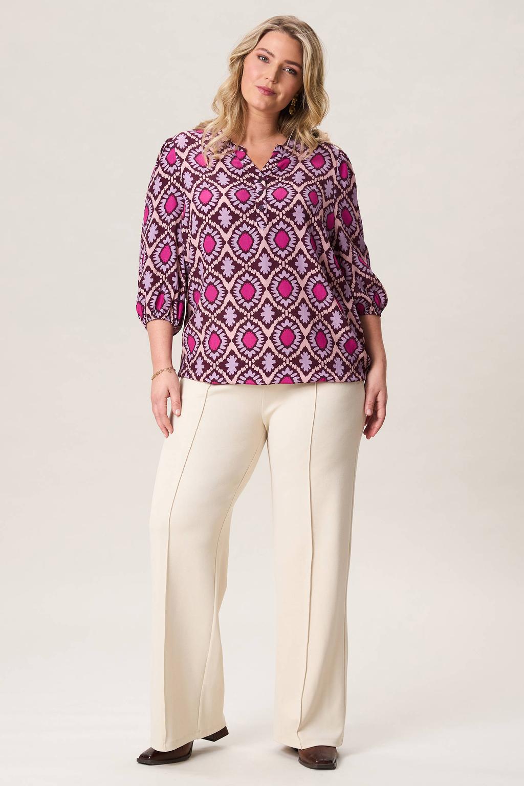 Roze dames Miss Etam Plus top van viscose met driekwart mouwen en klassieke kraag