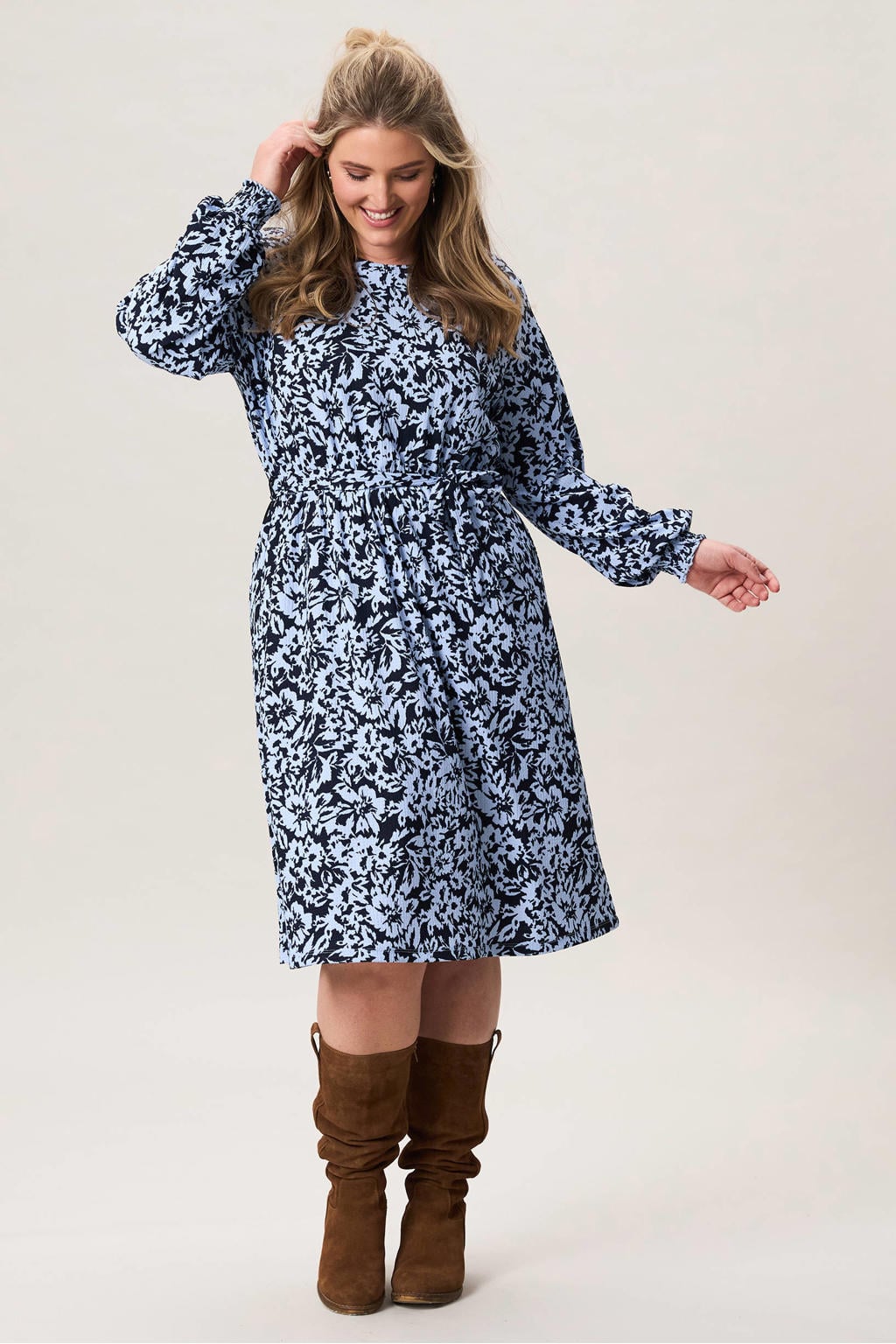Blauwe dames Miss Etam Plus A-lijn jurk van polyester met lange mouwen en elastische tailleband