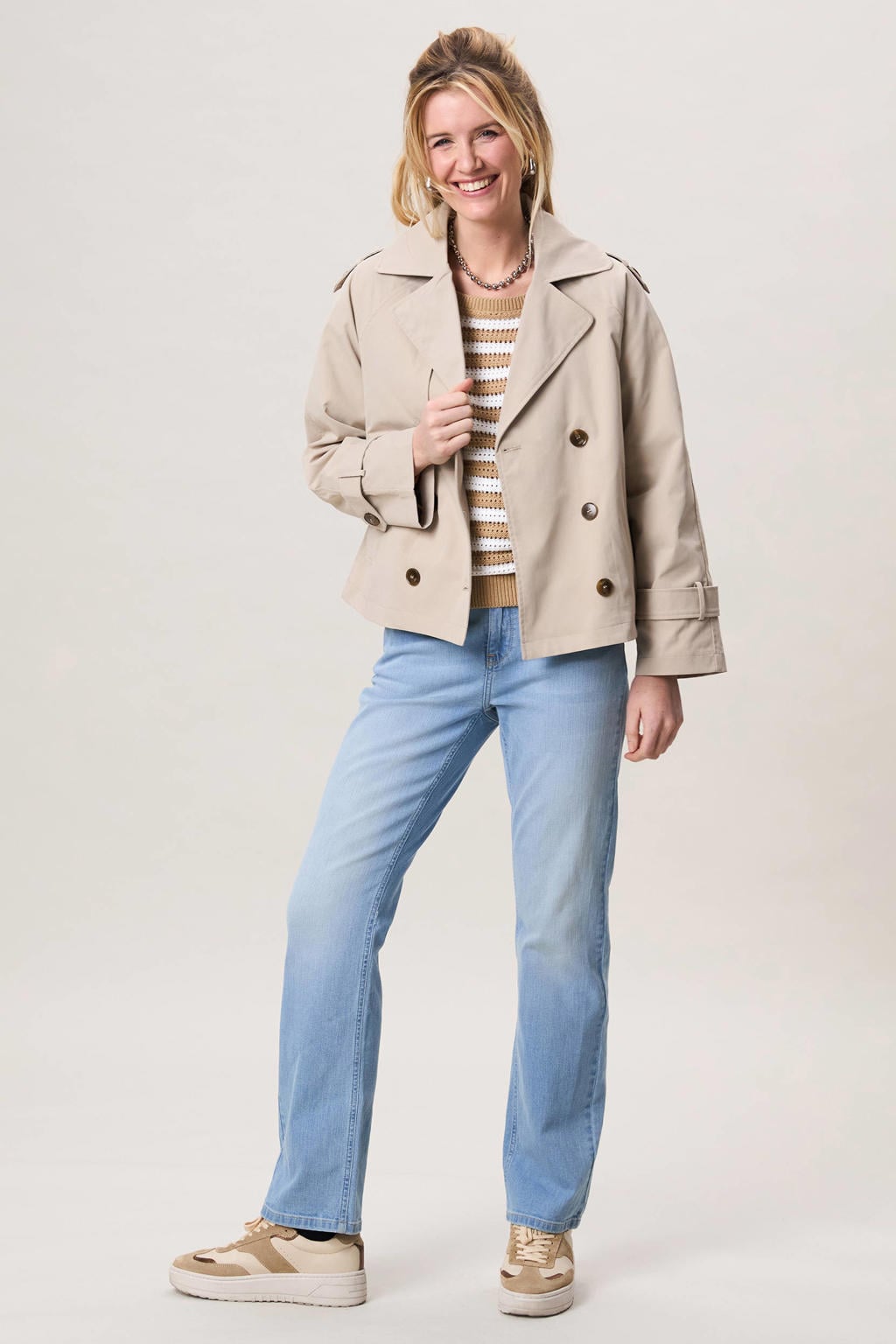 Beige dames Miss Etam trenchcoat van polyethyleen met effen, lange mouwen, reverskraag en knoopsluiting