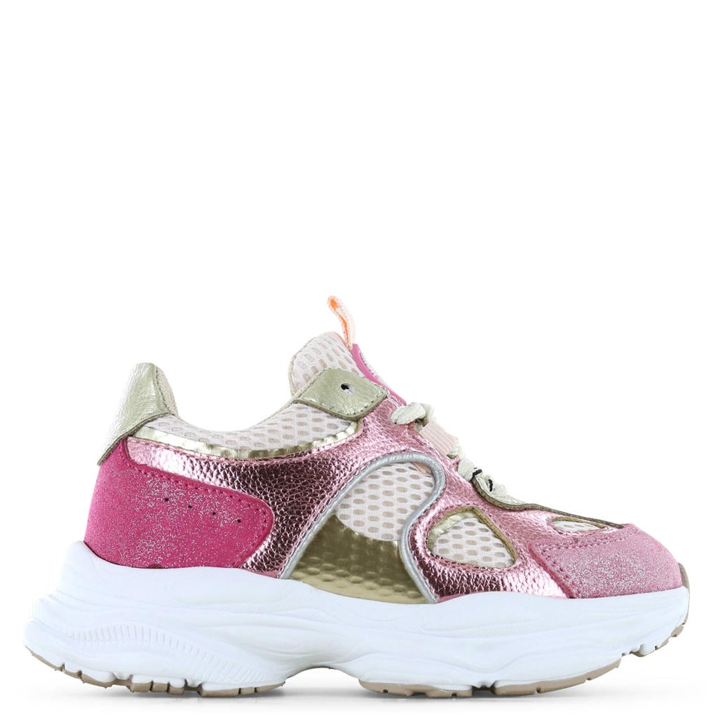 Wit, roze en metallickleurige meisjes Shoesme sneakers van 50% mesh/ 25% suede/ 25% microleer met veters