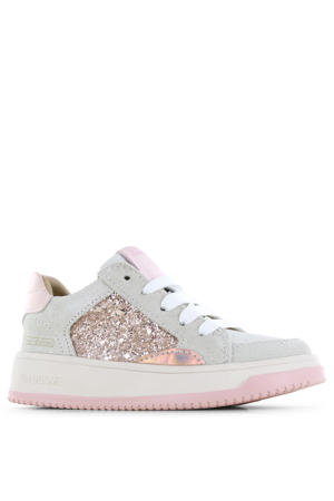 suède sneakers beige/roze glitters