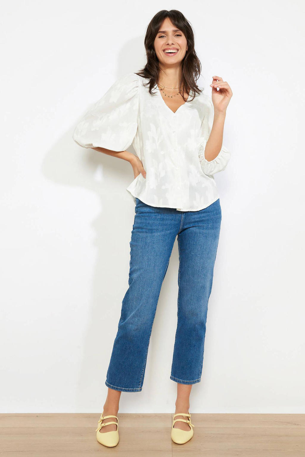 Ecru dames LOLALIZA gebloemde blouse van polyester met korte mouwen, klassieke kraag en knoopsluiting