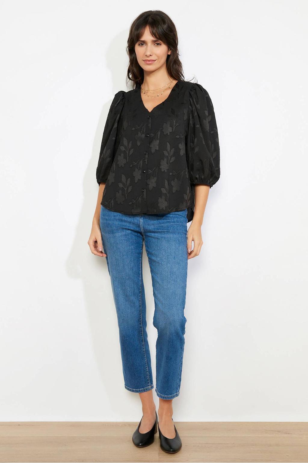 Zwarte dames LOLALIZA gebloemde blouse van polyester met korte mouwen, klassieke kraag en knoopsluiting