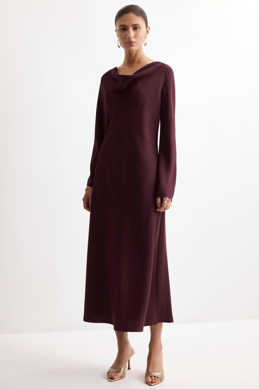 Donkerrode dames Mango satijnen midi jurk met effen, lange mouwen, watervalhals en knoopsluiting