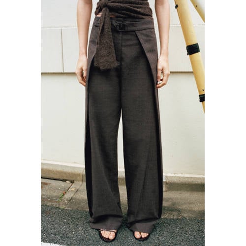 Mango wide leg regular waist broek grijsbruin afbeelding