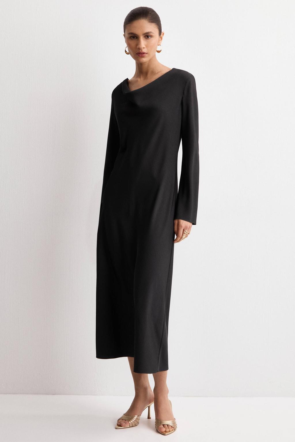 Zwarte dames Mango satijnen midi jurk met effen, lange mouwen, watervalhals en knoopsluiting