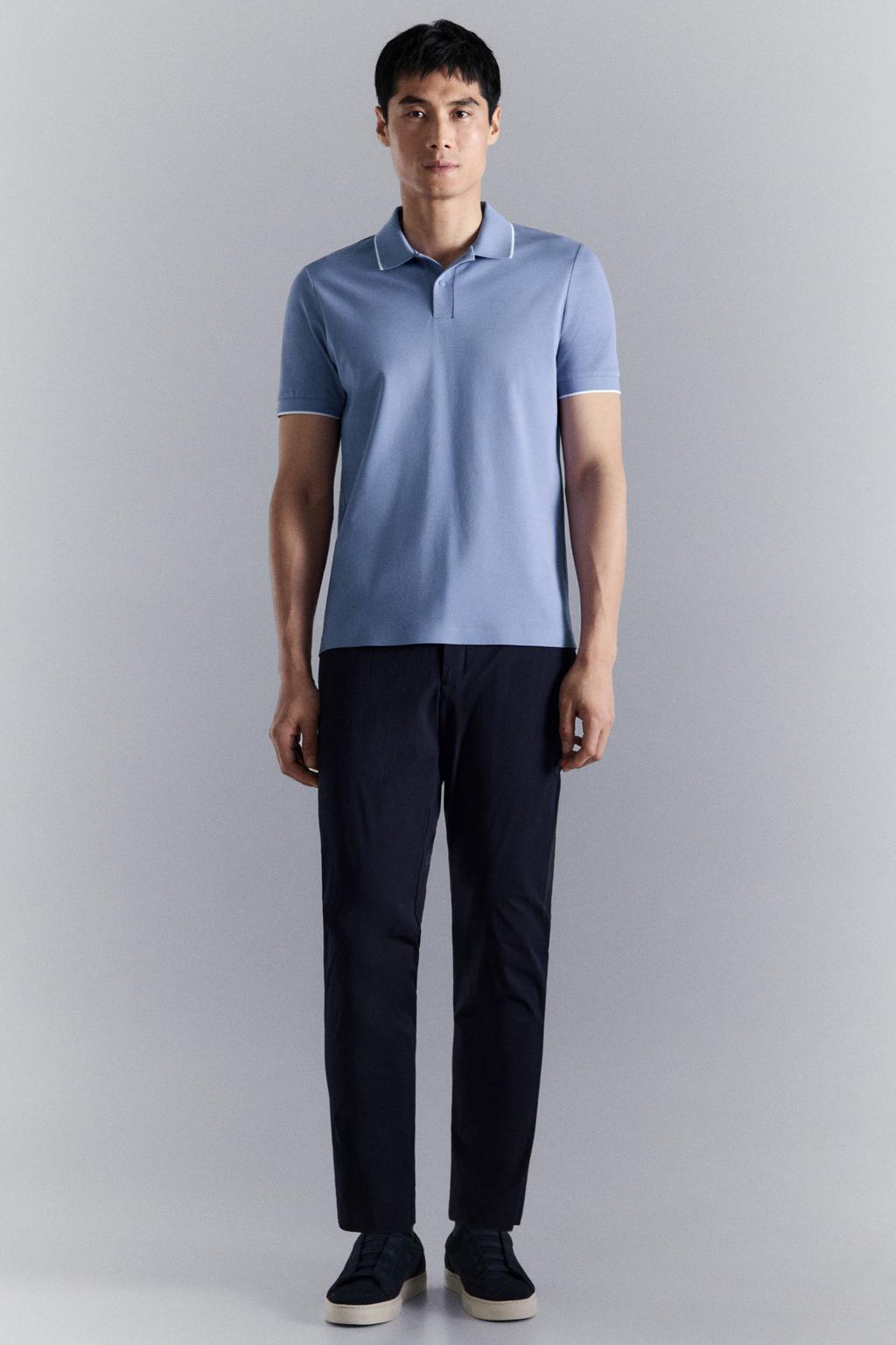 Blauwe heren Mango Man slim polo van katoen met effen, korte mouwen en geribde boorden