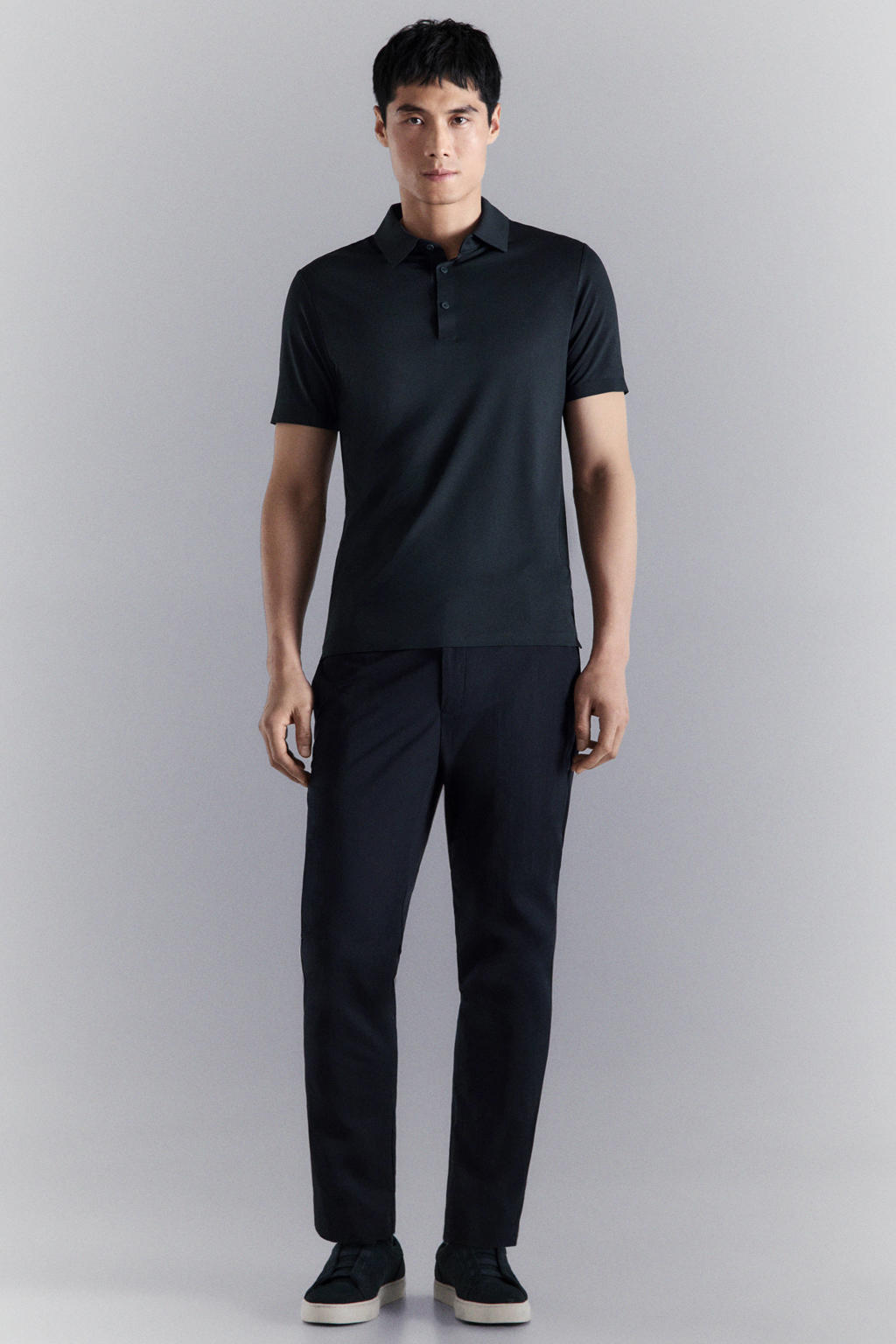 Donkerblauwe heren Mango Man slim polo van katoen met effen, korte mouwen en pique