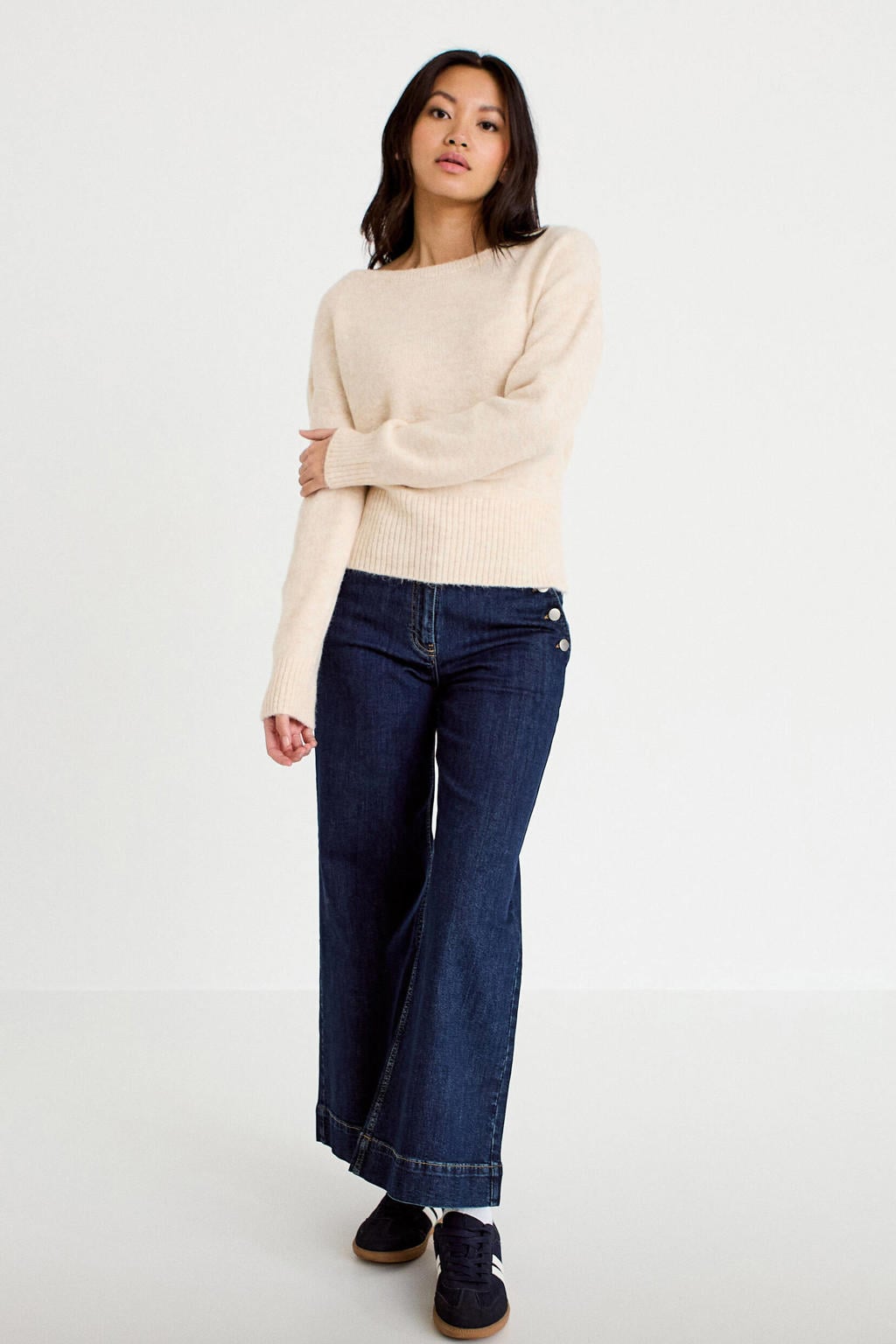 Dark blue denim dames Cache Cache high waist cropped jeans dark blue van denim met rits- en knoopsluiting en effen