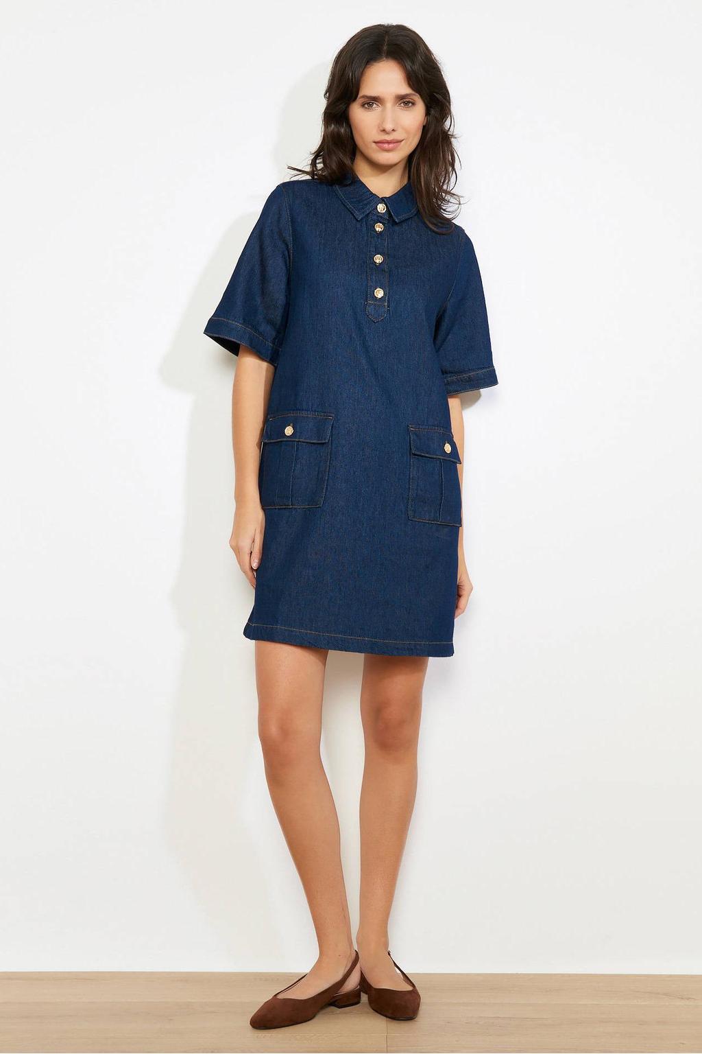 Dark blue denim dames LOLALIZA spijkerjurk dark blue van denim met effen, half lange mouwen en polo kraag