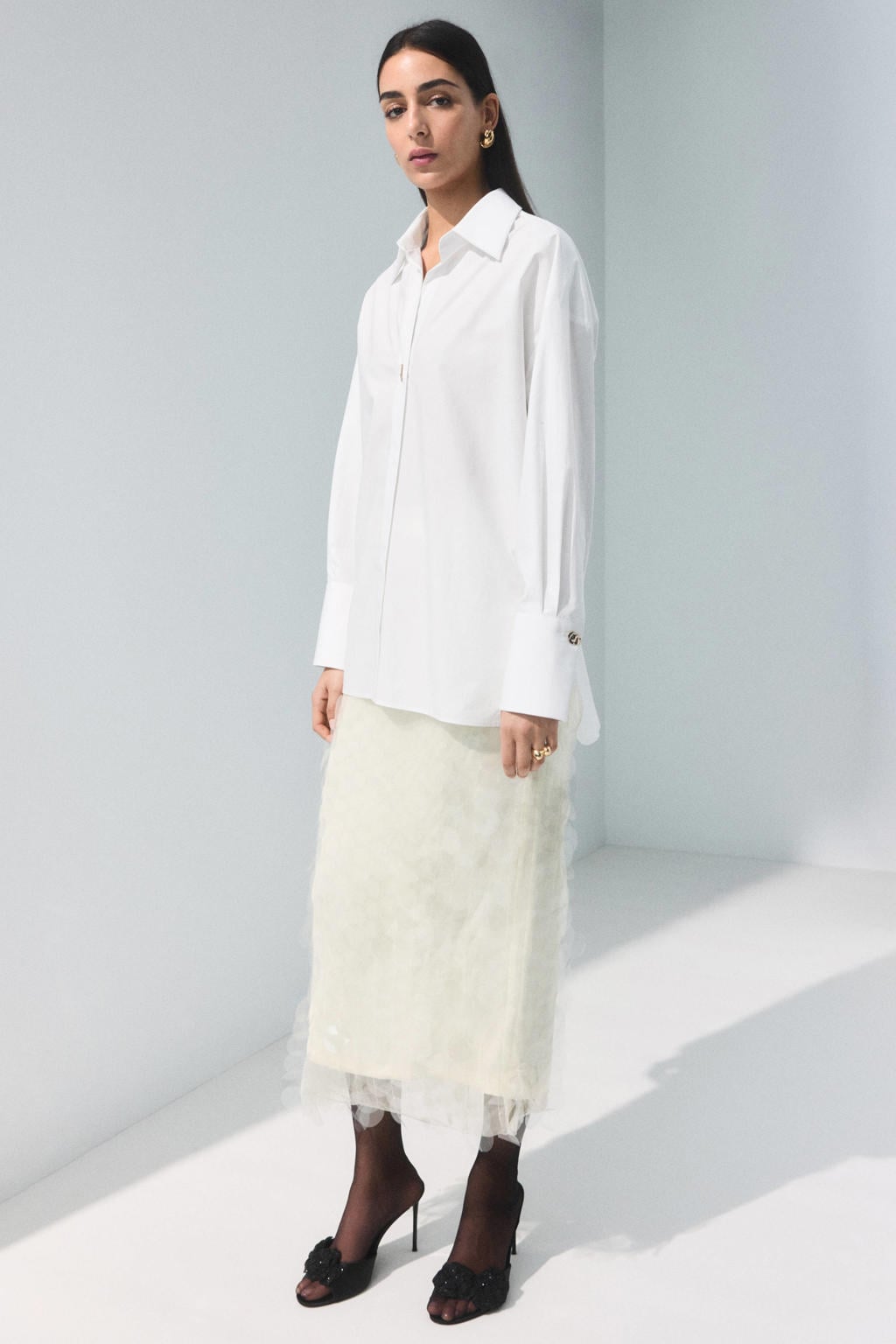 Witte dames Mango blouse van katoen met effen, lange mouwen, klassieke kraag en knoopsluiting