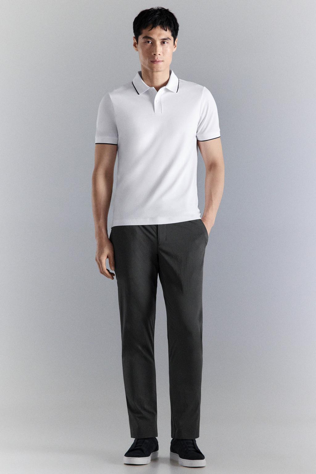 Witte heren Mango Man slim polo van katoen met effen, korte mouwen en geribde boorden