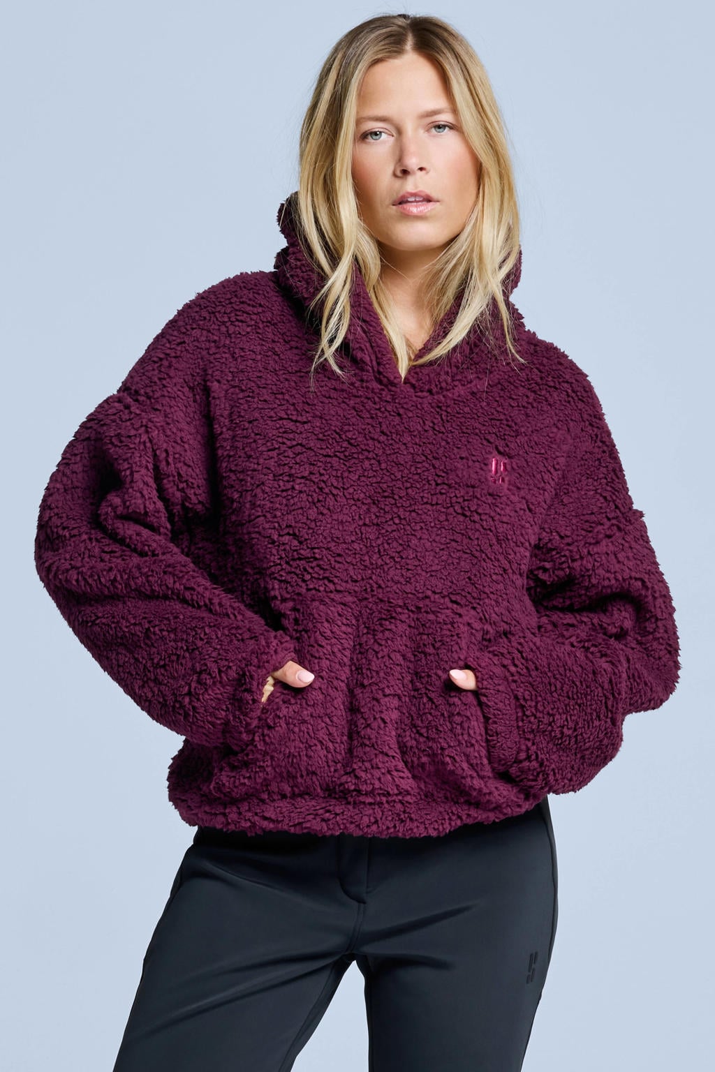 Donkerrode dames Poederbaas teddy sweater Four Seasons van polyester met effen, lange mouwen en capuchon