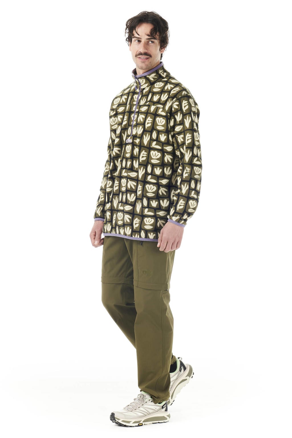 Olijfgroen en lichtgele heren Picture fleece sweater Inaria van polyethyleen met lange mouwen, opstaande kraag en halve rits