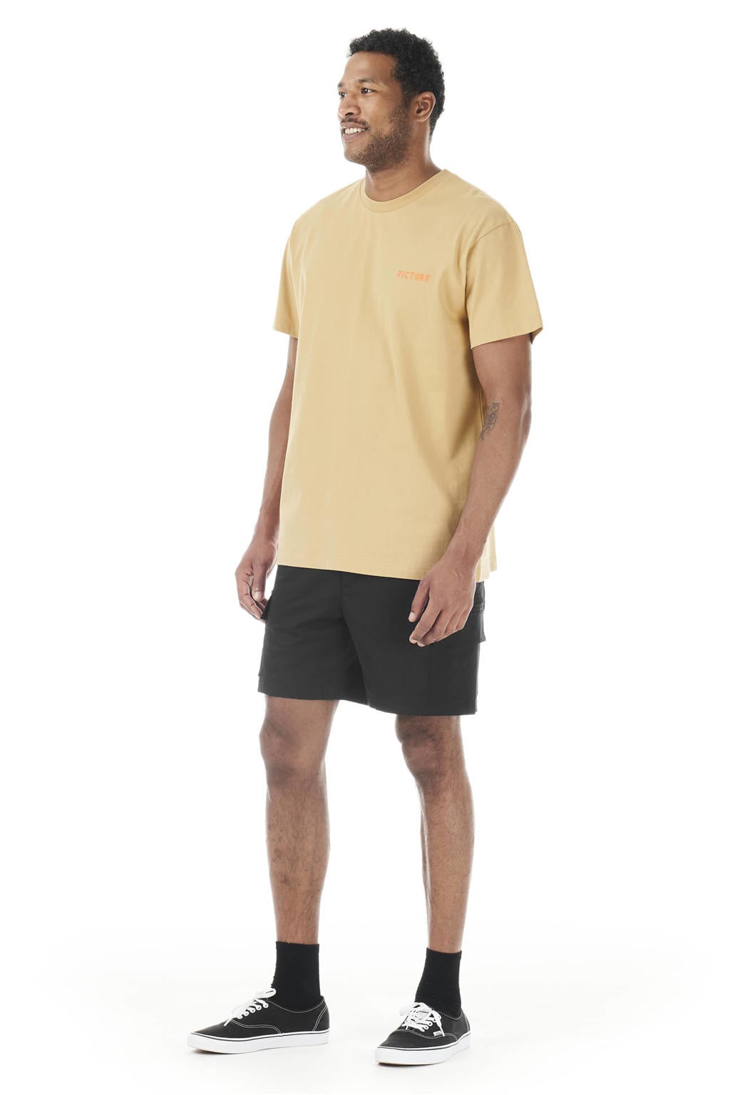 Camelkleurige heren Picture T-shirt van katoen met backprint, korte mouwen en ronde hals
