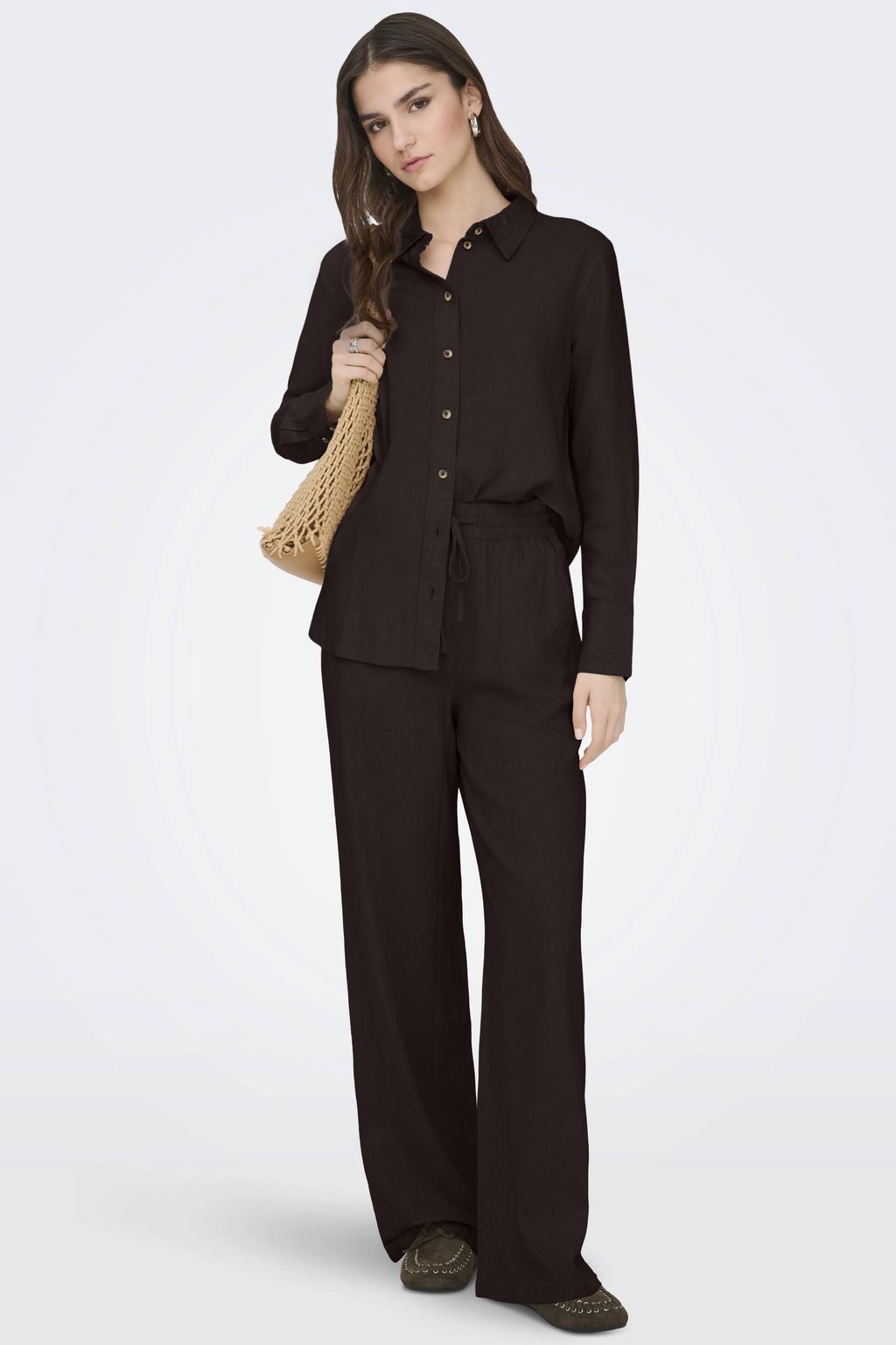 Donkerblauwe dames JDY high waist casual broek van linnen met loose fit, elastische tailleband met koord en effen