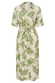 thumbnail: Zand en groene dames JDY gebloemde maxi jurk van viscose met bladprint, korte mouwen en klassieke kraag