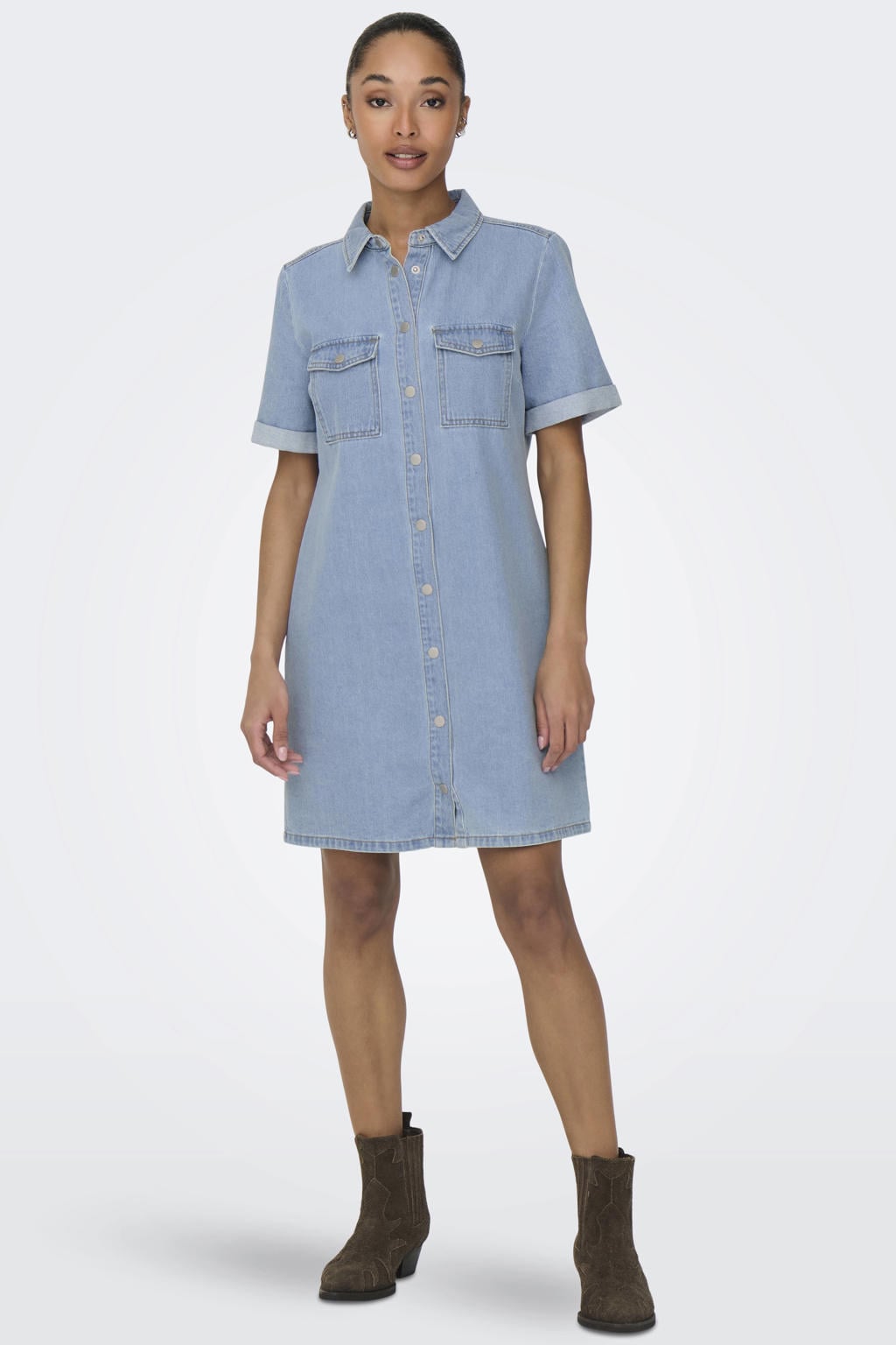Light blue denim dames JDY blousejurk gebreid van denim met effen, korte mouwen, ronde hals en knoopsluiting