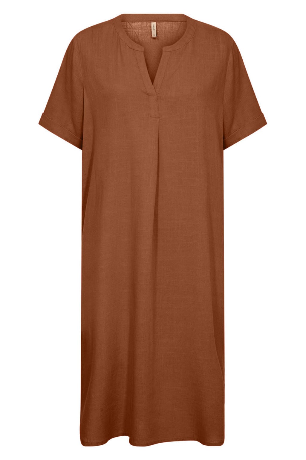 Bruine dames Soyaconcept zomerjurk van viscose met effen, korte mouwen, V-hals en omslagdetail