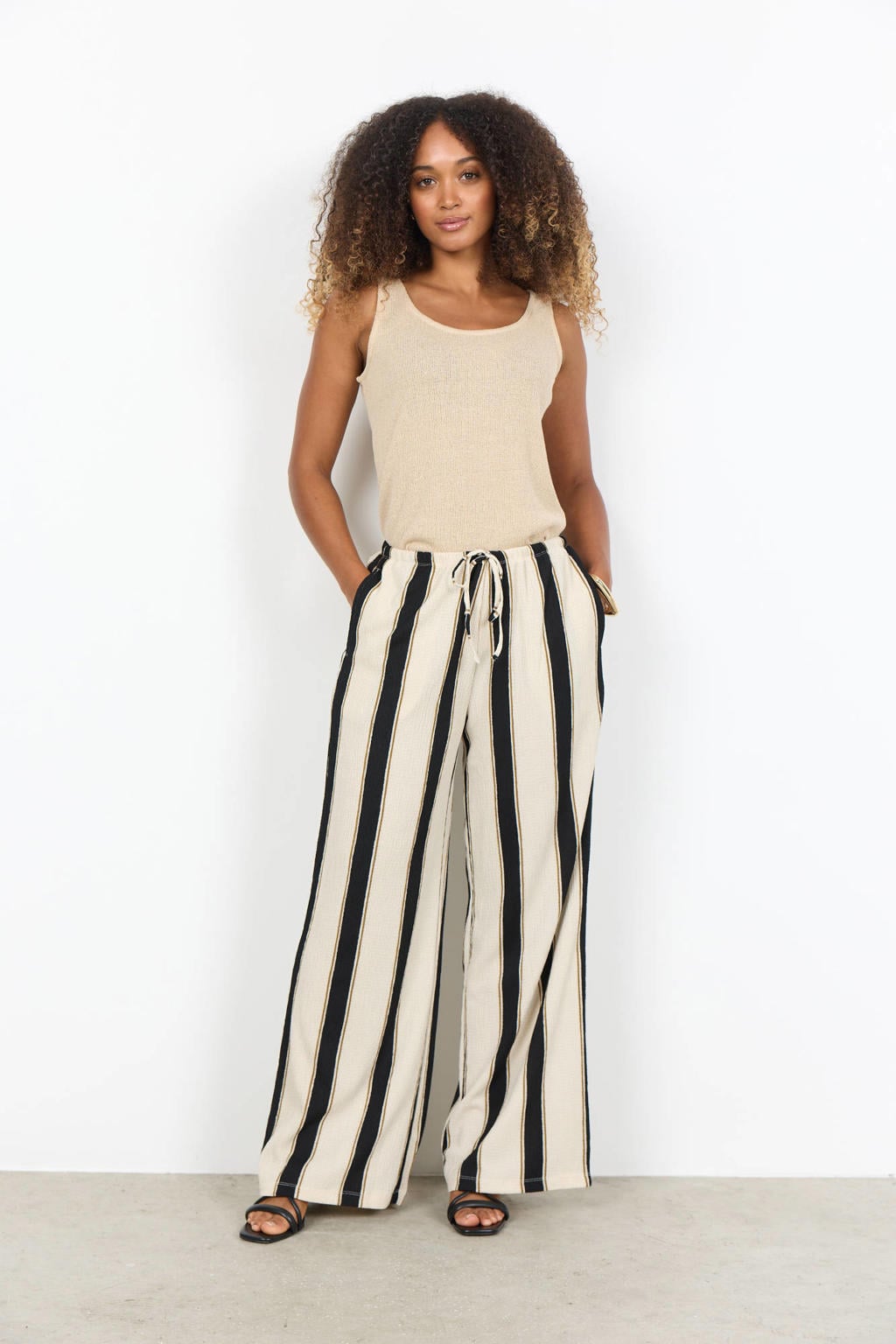 Ecru en zwarte dames Soyaconcept high waist gestreepte broek van polyester met loose fit en elastische tailleband met koord