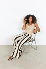 thumbnail: Ecru en zwarte dames Soyaconcept high waist gestreepte broek van polyester met loose fit en elastische tailleband met koord