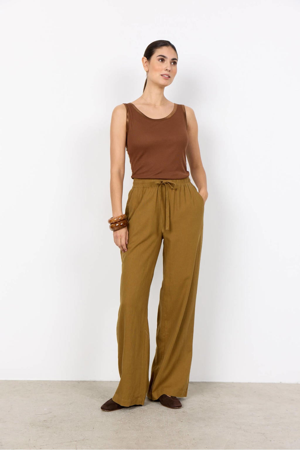 Okergele dames Soyaconcept wide leg high waist broek van linnen met elastische tailleband met koord en effen