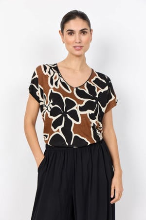 gebloemd T-shirt met linnen bruin