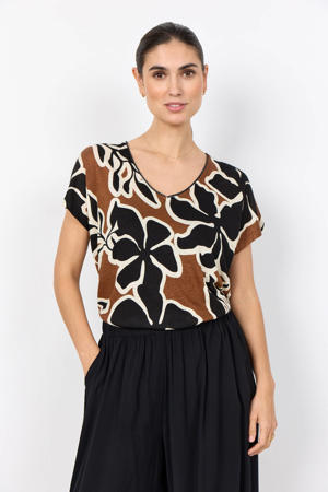 gebloemd T-shirt met linnen bruin