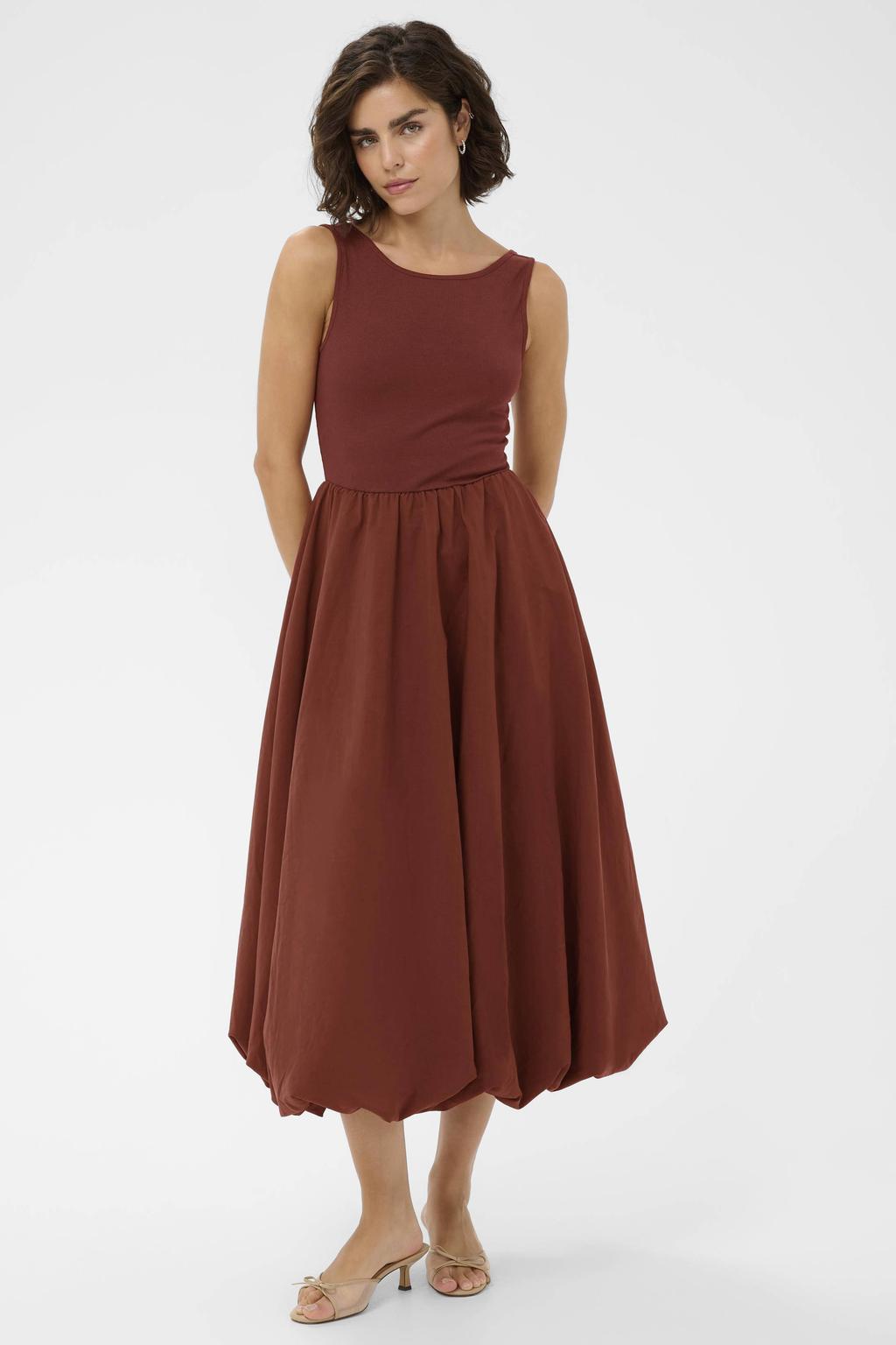 Donker oranje dames Kaffe midi jurk van polyester met effen en ronde hals