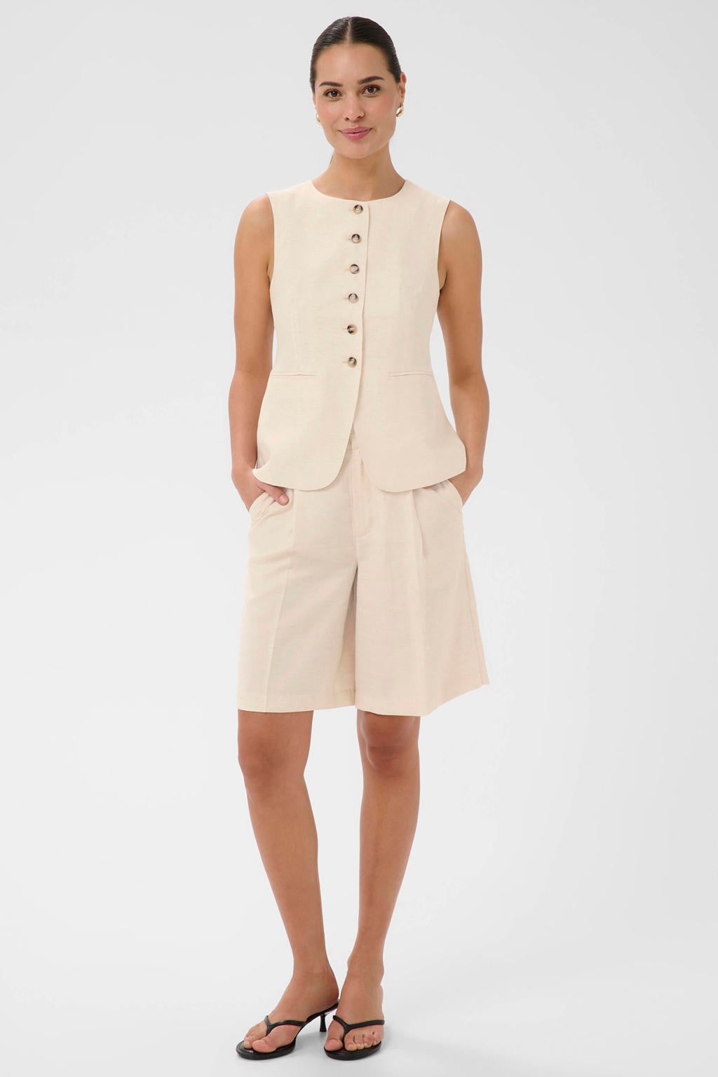 Beige dames Kaffe regular waist chino short van viscose met rits- en knoopsluiting en effen