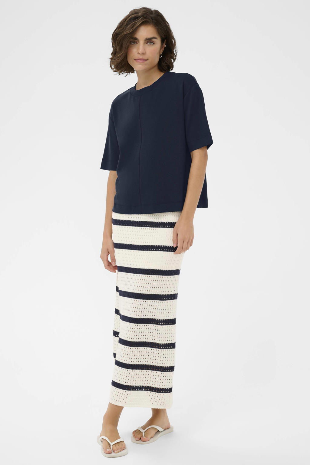 Donkerblauwe dames Kaffe T-shirt van polyester met effen, korte mouwen en ronde hals