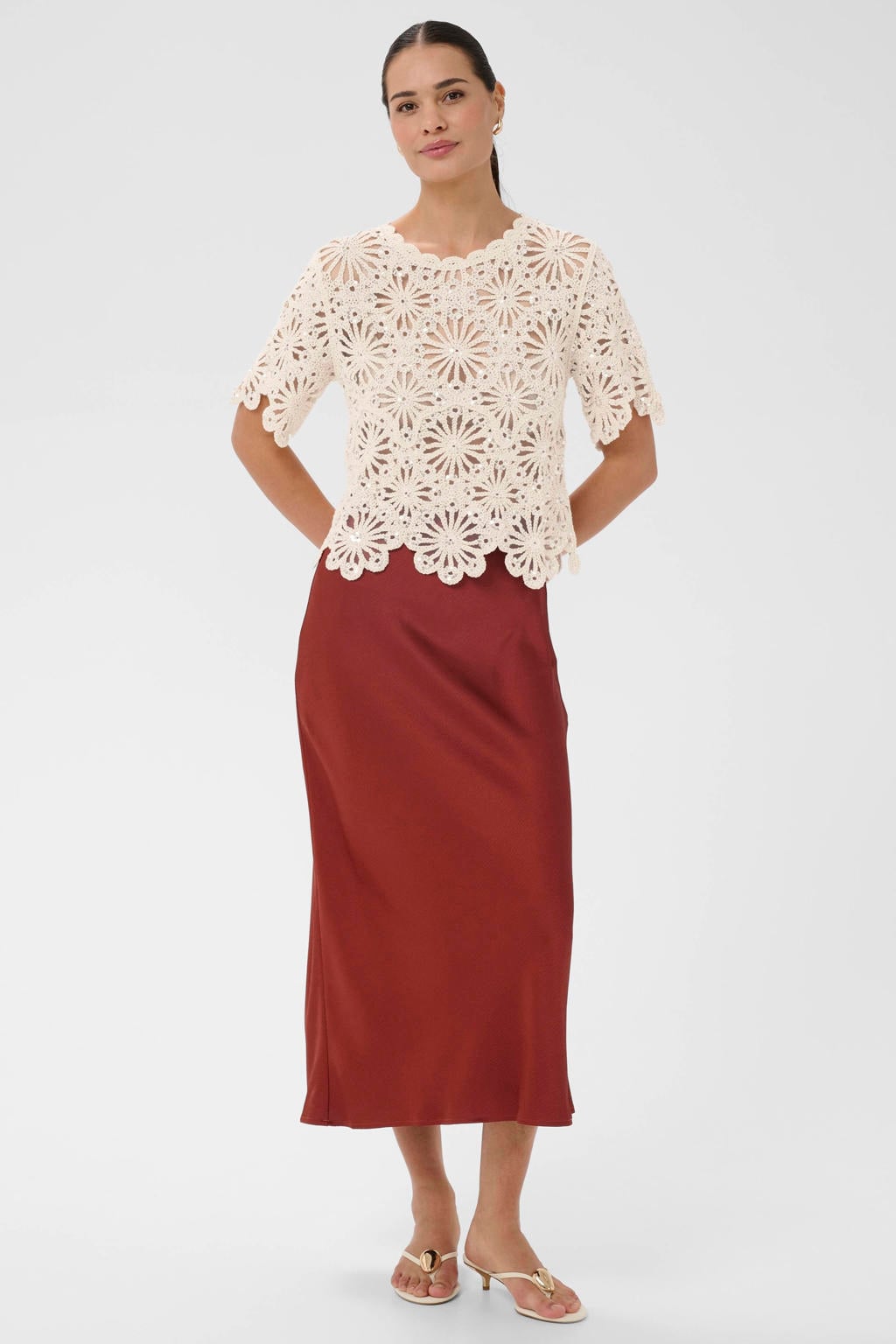 Ecru dames Kaffe top crochet met effen, korte mouwen en ronde hals