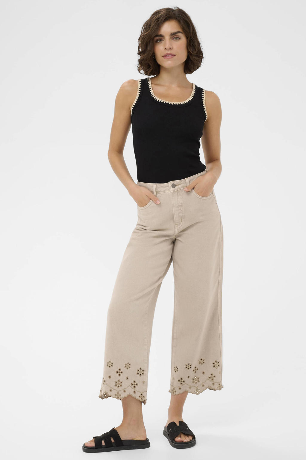 Zwart en beige dames Kaffe singlet van katoen met effen en ronde hals