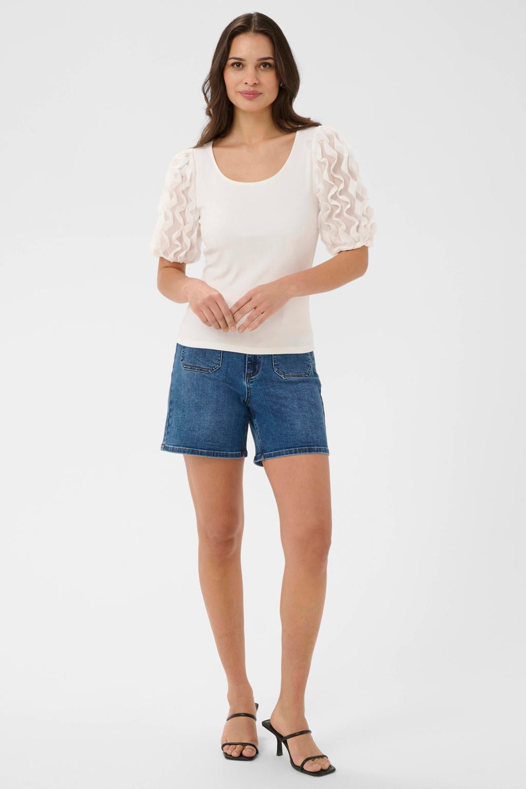 Witte dames Kaffe top van viscose met effen, korte mouwen en ronde hals