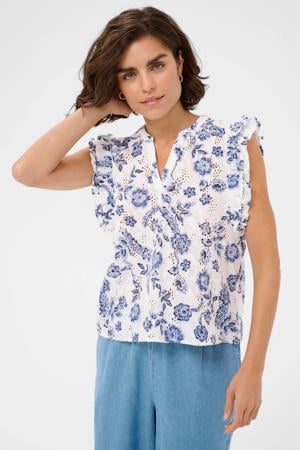 gebloemde top broderie blauw