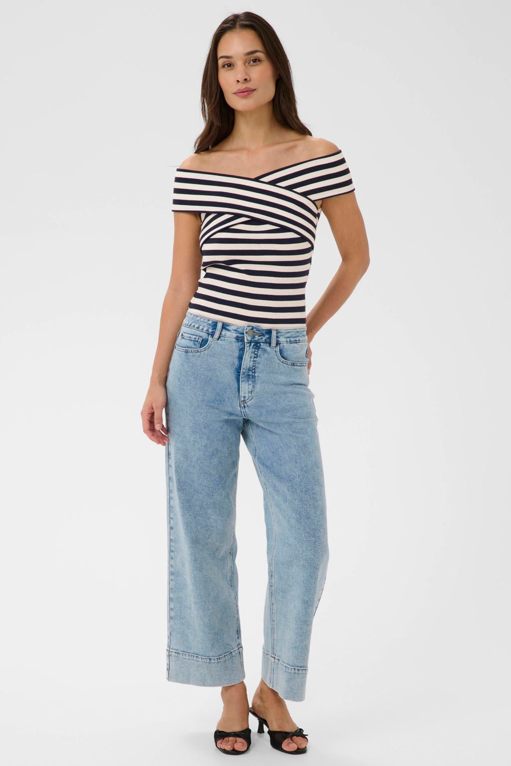 Donkerblauw en witte dames Kaffe gestreepte top met off shoulder hals