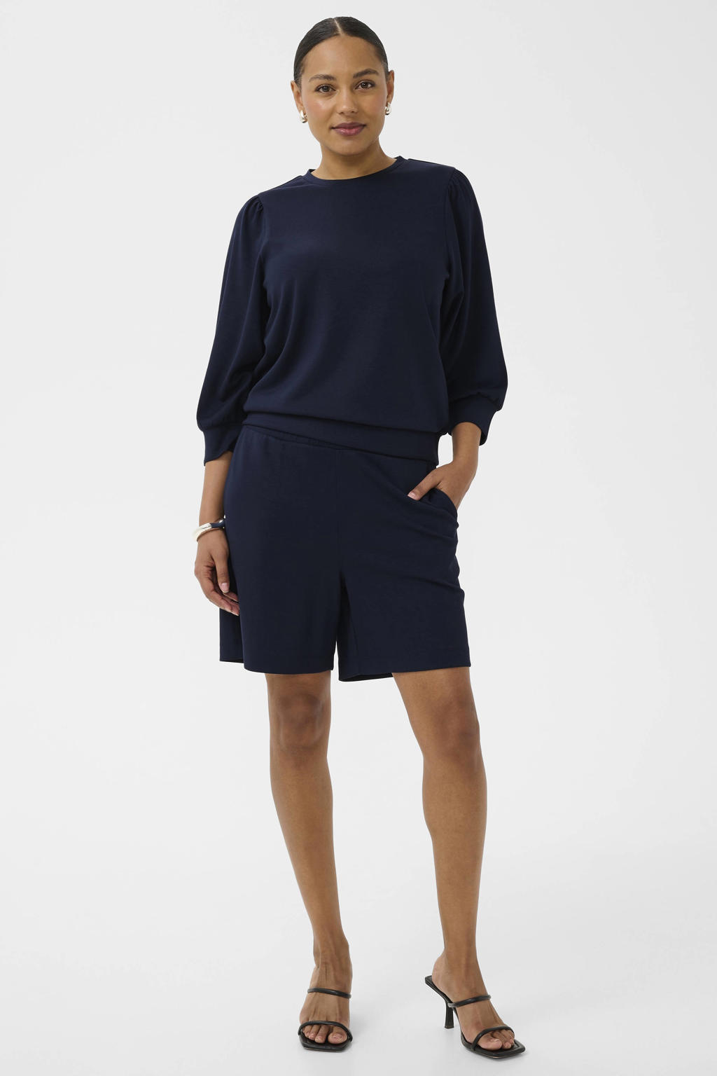 Donkerblauwe dames Kaffe baggy high waist sweatshort van polyester met elastische tailleband en effen