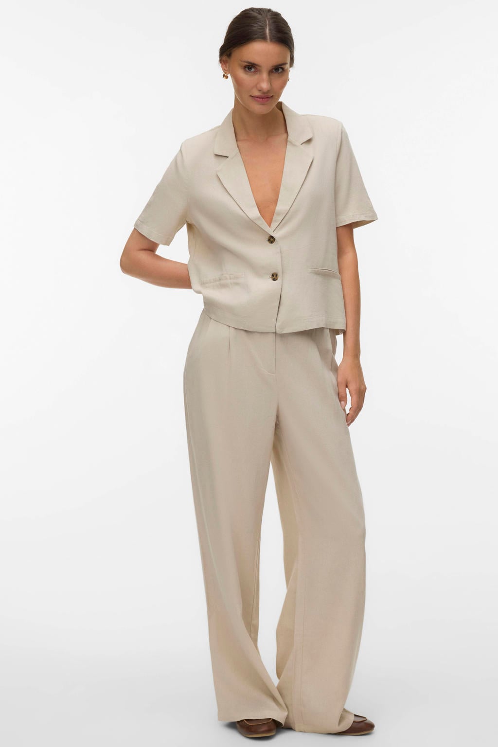 Beige dames VERO MODA regular blazer van viscose met effen, lange mouwen, V-hals, knoopsluiting en geweven detail