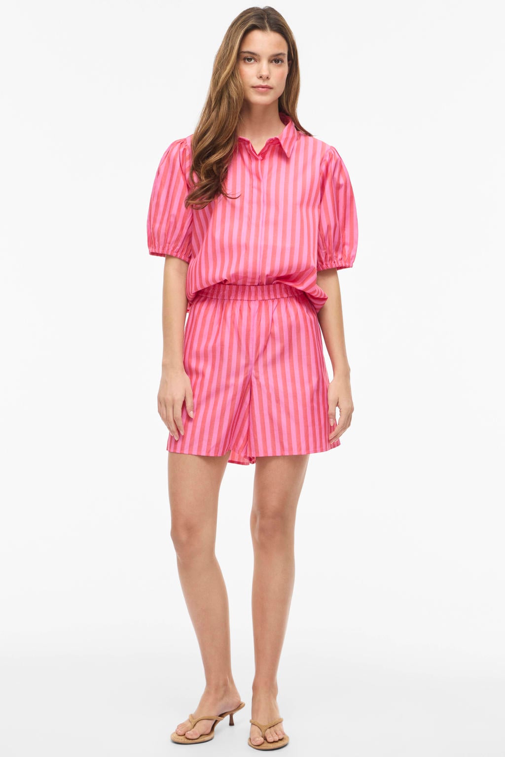 Roze en oranje dames VILA gestreepte blouse van katoen met korte mouwen, klassieke kraag en knoopsluiting