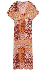 thumbnail: Oranje, rood en beige dames VERO MODA midi jurk van viscose met korte mouwen, V-hals en geweven detail