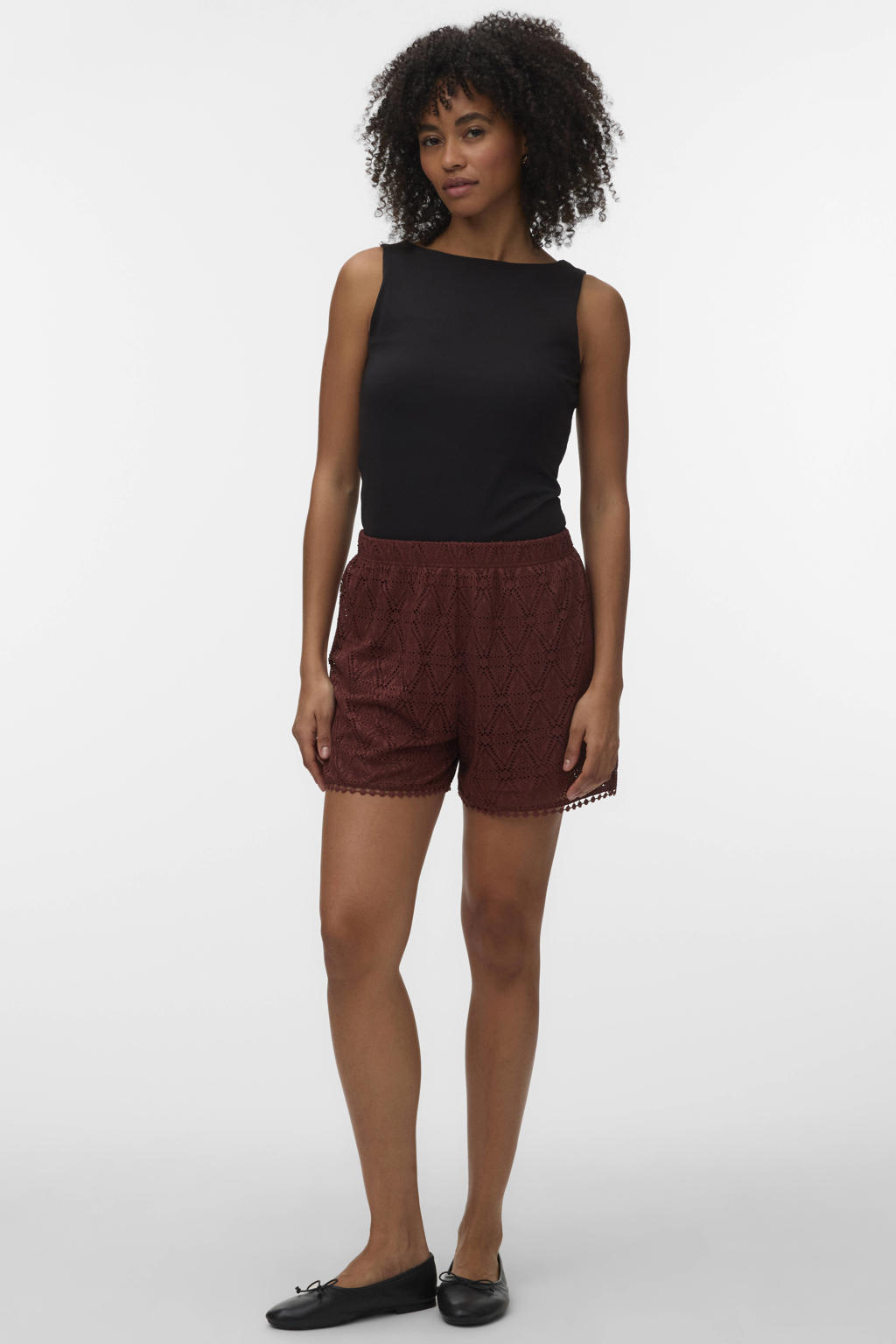 Donkerrode dames VERO MODA regular high waist casual short crochet van polyester met elastische tailleband en effen
