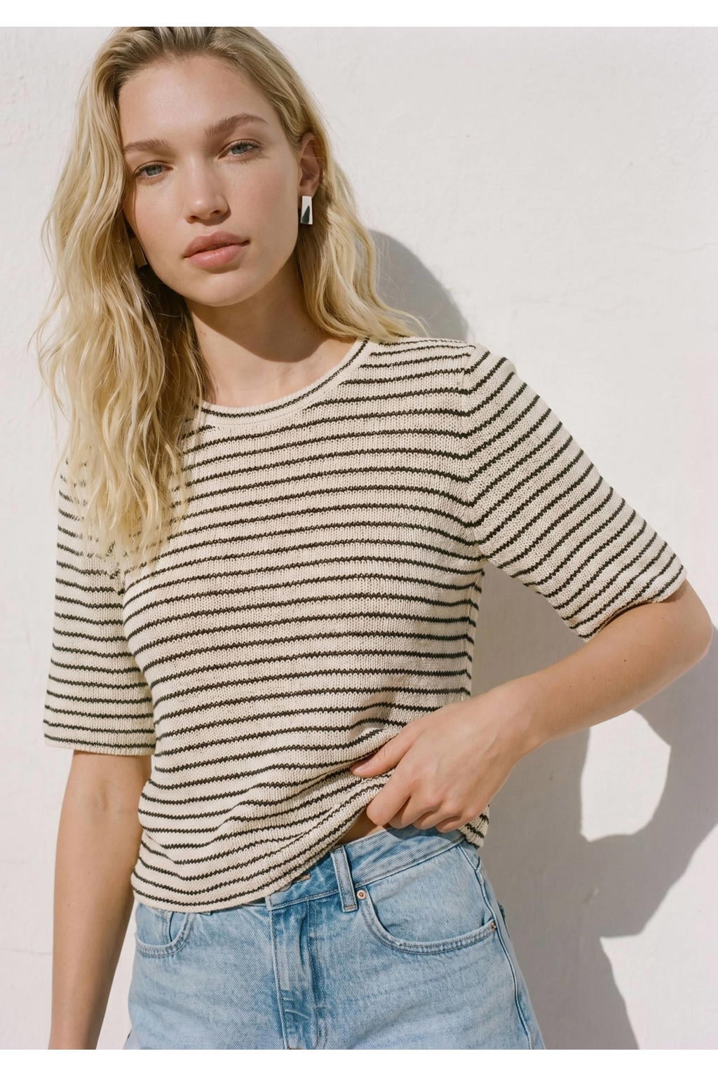 VERO MODA gestreepte top gebreid beige