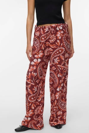 wide leg high waist casual broek met paisley print donkerrood