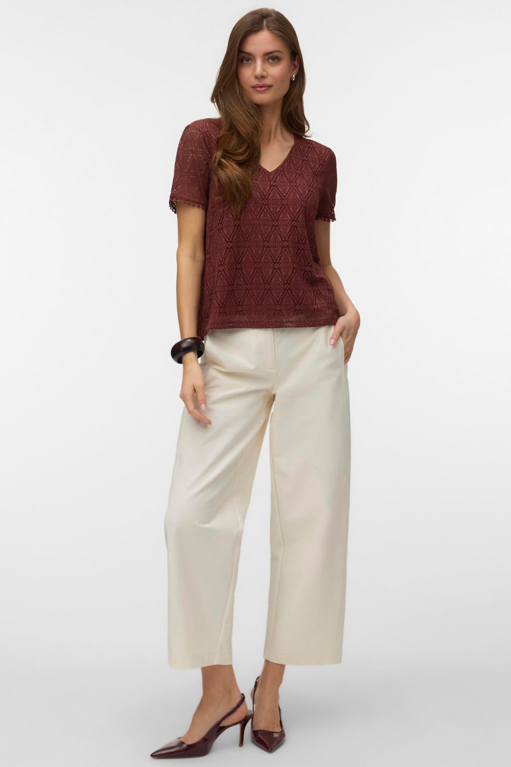 Donkerrode dames VERO MODA top crochet van polyester met effen, korte mouwen en V-hals