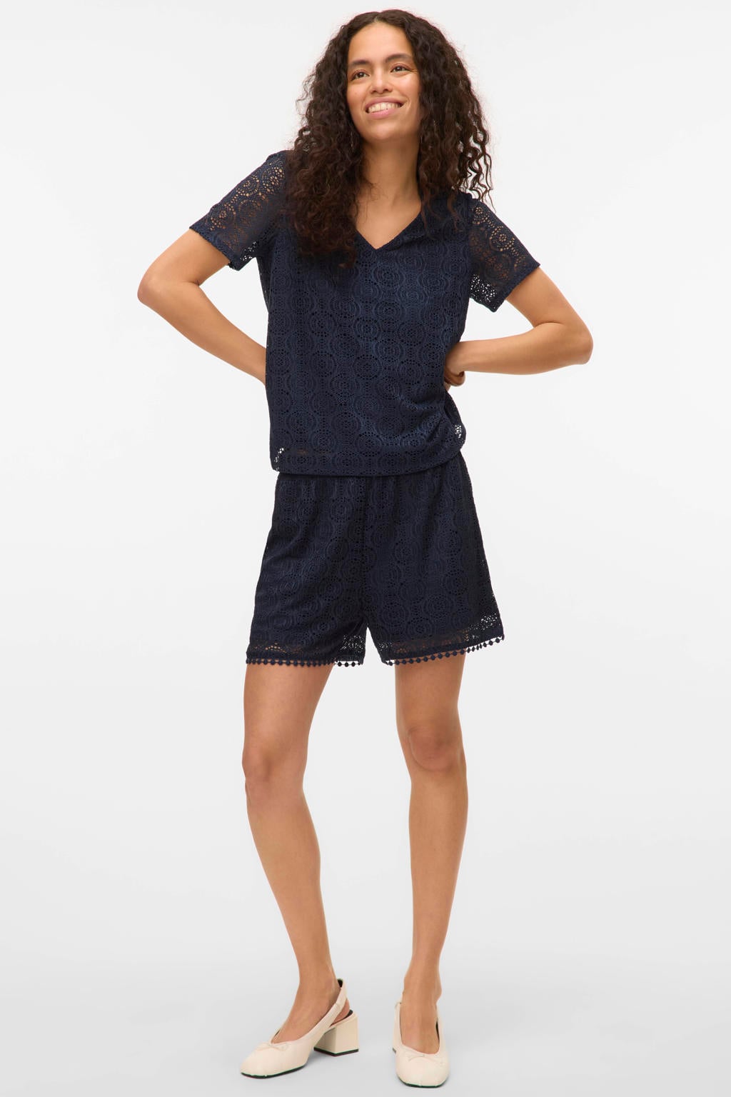Donkerblauwe dames VERO MODA top crochet van polyester met effen, korte mouwen en V-hals